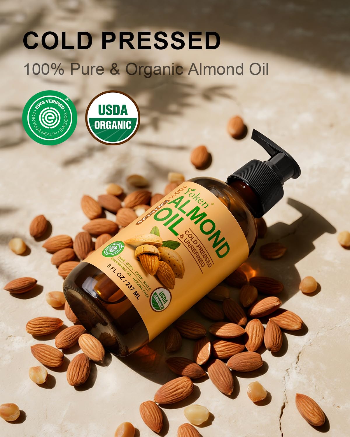 Yoken almond oil amber bottle detail protecting oil freshness and stability