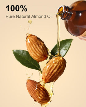 Yoken almond oil amber bottle label close-up highlighting organic cold-pressed benefit