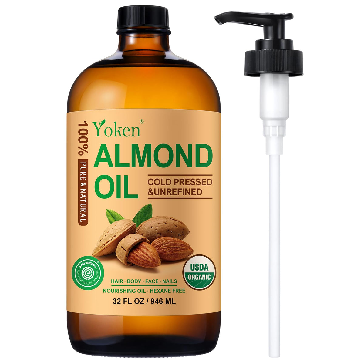 Yoken almond oil front bottle showing amber glass and clear label for freshness