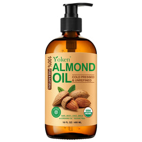 Yoken almond oil front bottle showing glass packaging and product clarity benefit