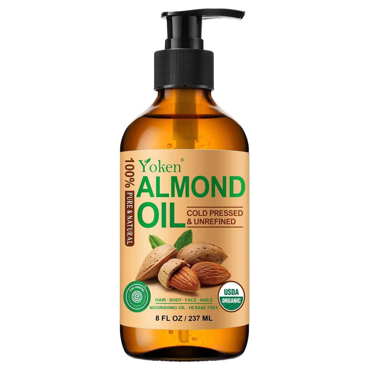 Yoken almond oil front label in amber glass showing brand clarity and benefit