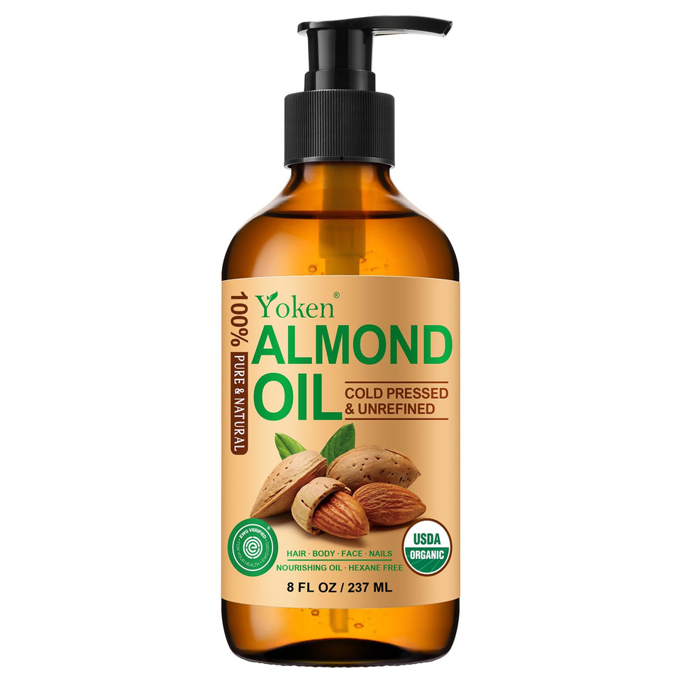 Yoken almond oil front label in amber glass showing brand clarity and benefit