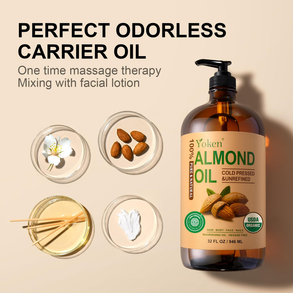 Yoken almond oil hair treatment use adding shine and reducing frizz on ends