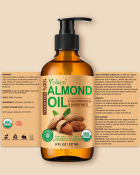 Yoken almond oil staged in bathroom setting suggesting daily skincare ritual