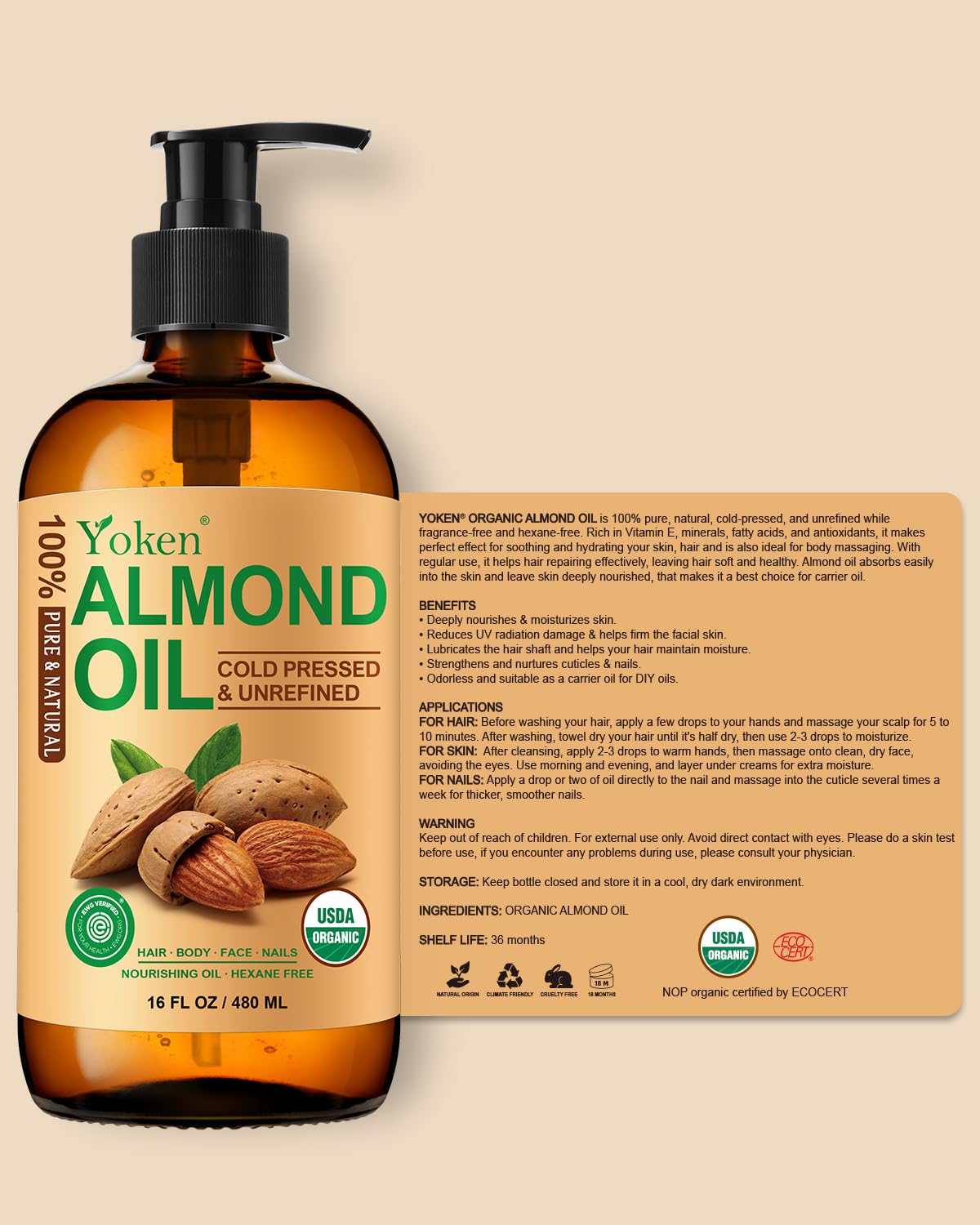 Yoken almond oil on bathroom shelf next to towel evoking natural skincare routine benefit