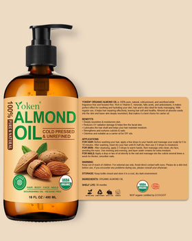 Yoken almond oil on bathroom shelf next to towel evoking natural skincare routine benefit