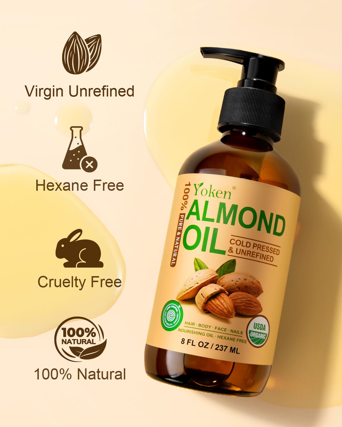 Yoken almond oil beside common items showing 8 oz scale and travel convenience