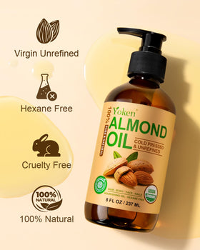 Yoken almond oil beside common items showing 8 oz scale and travel convenience