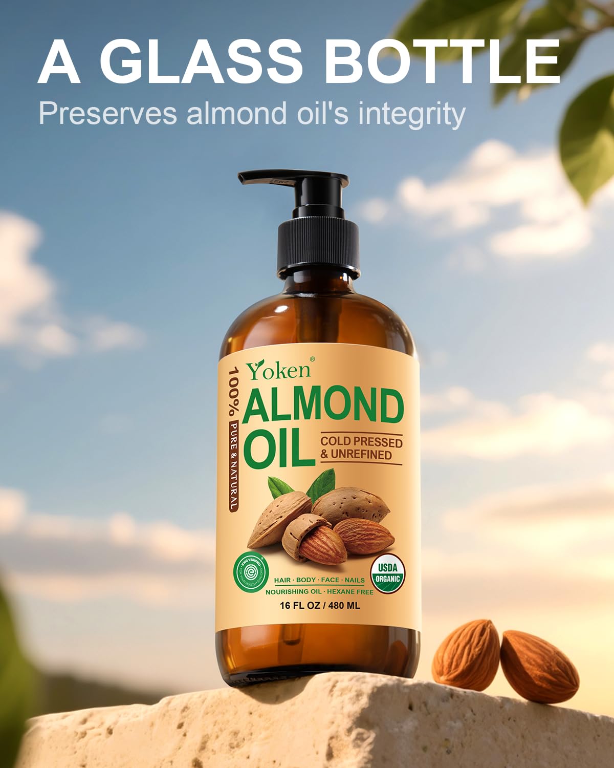 Yoken almond oil next to everyday items showing 16 oz scale and generous supply benefit