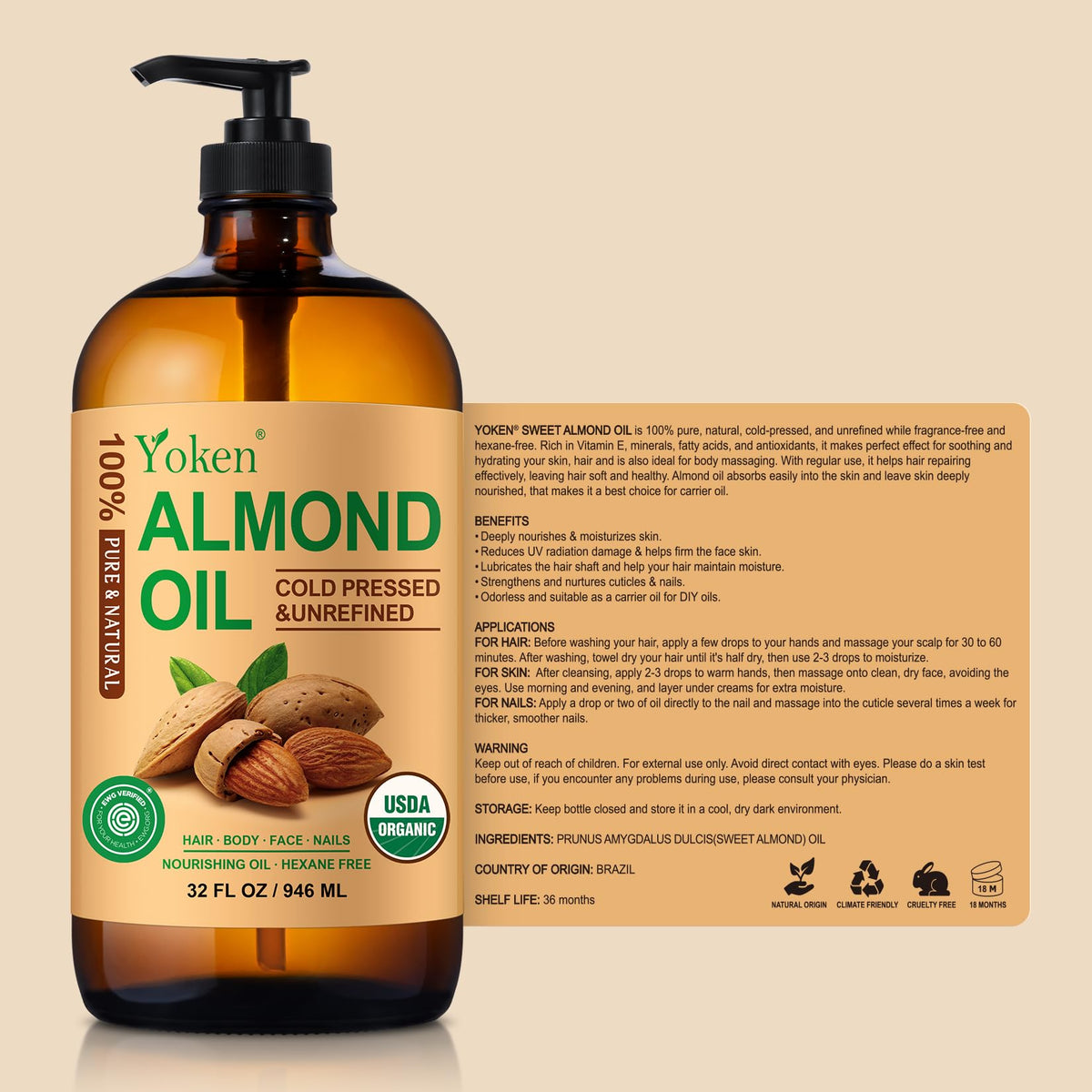 Yoken almond oil size scale comparison 32 oz bottle showing value and supply