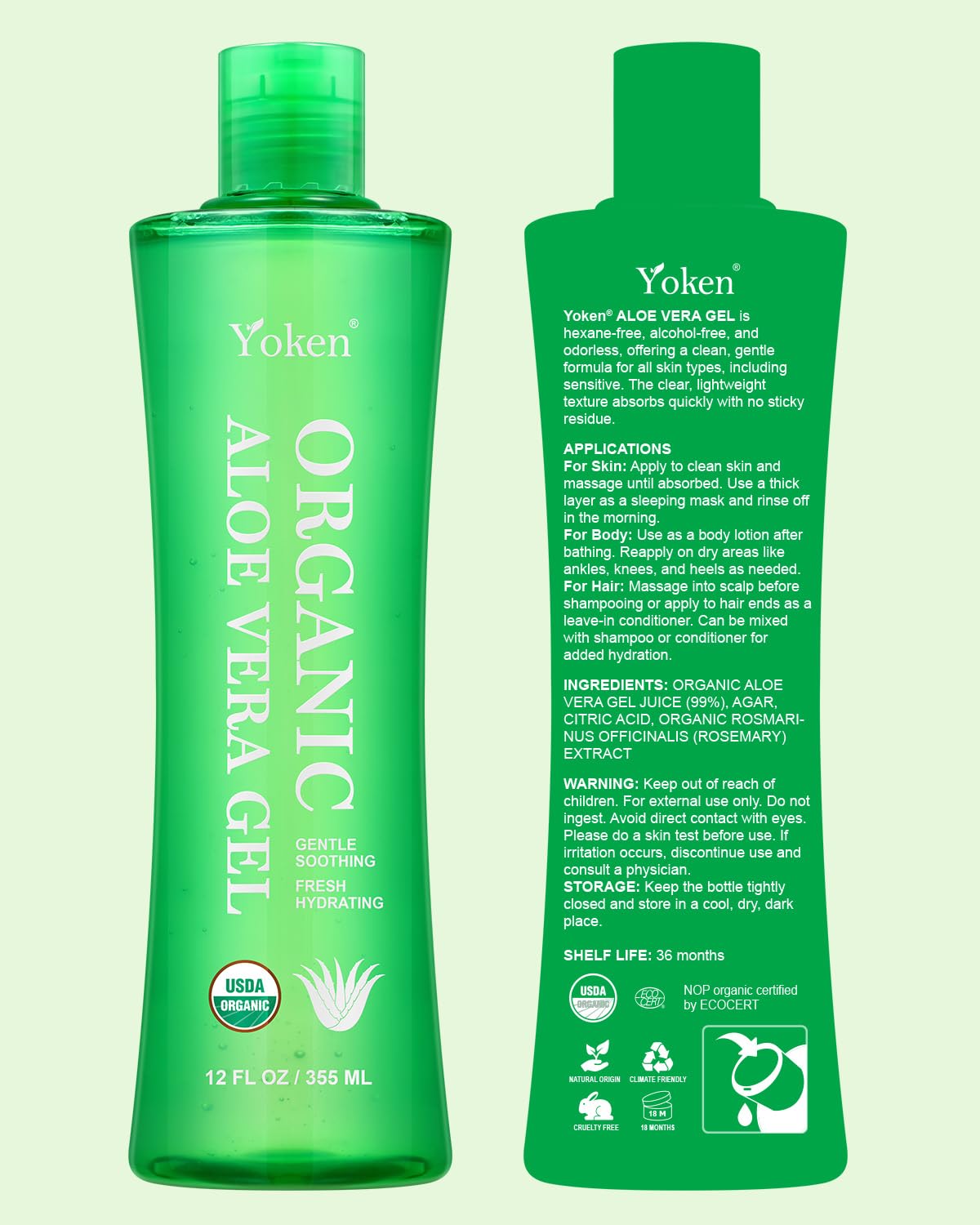 Yoken aloe ingredients label showing USDA Organic aloe composition and clean formula