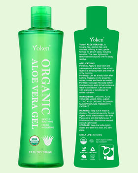 Yoken aloe ingredients label showing USDA Organic aloe composition and clean formula