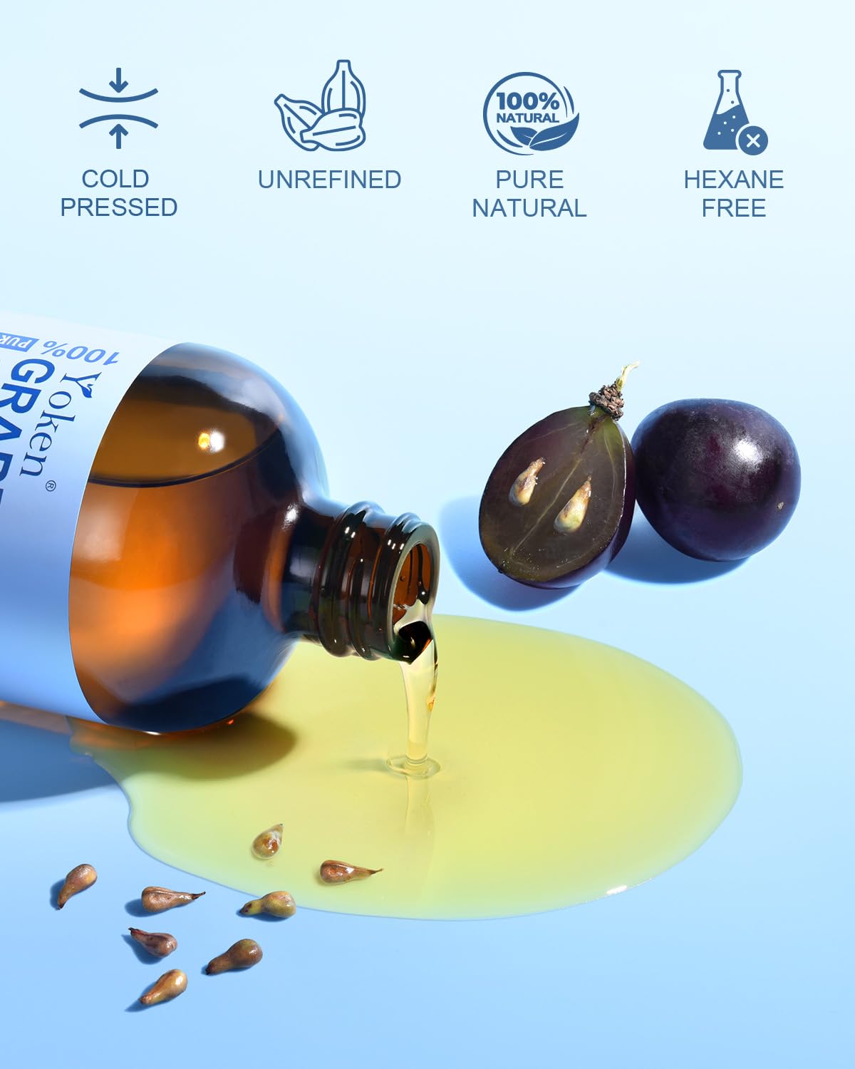 Yoken amber glass bottle pouring oil from top for controlled application benefit