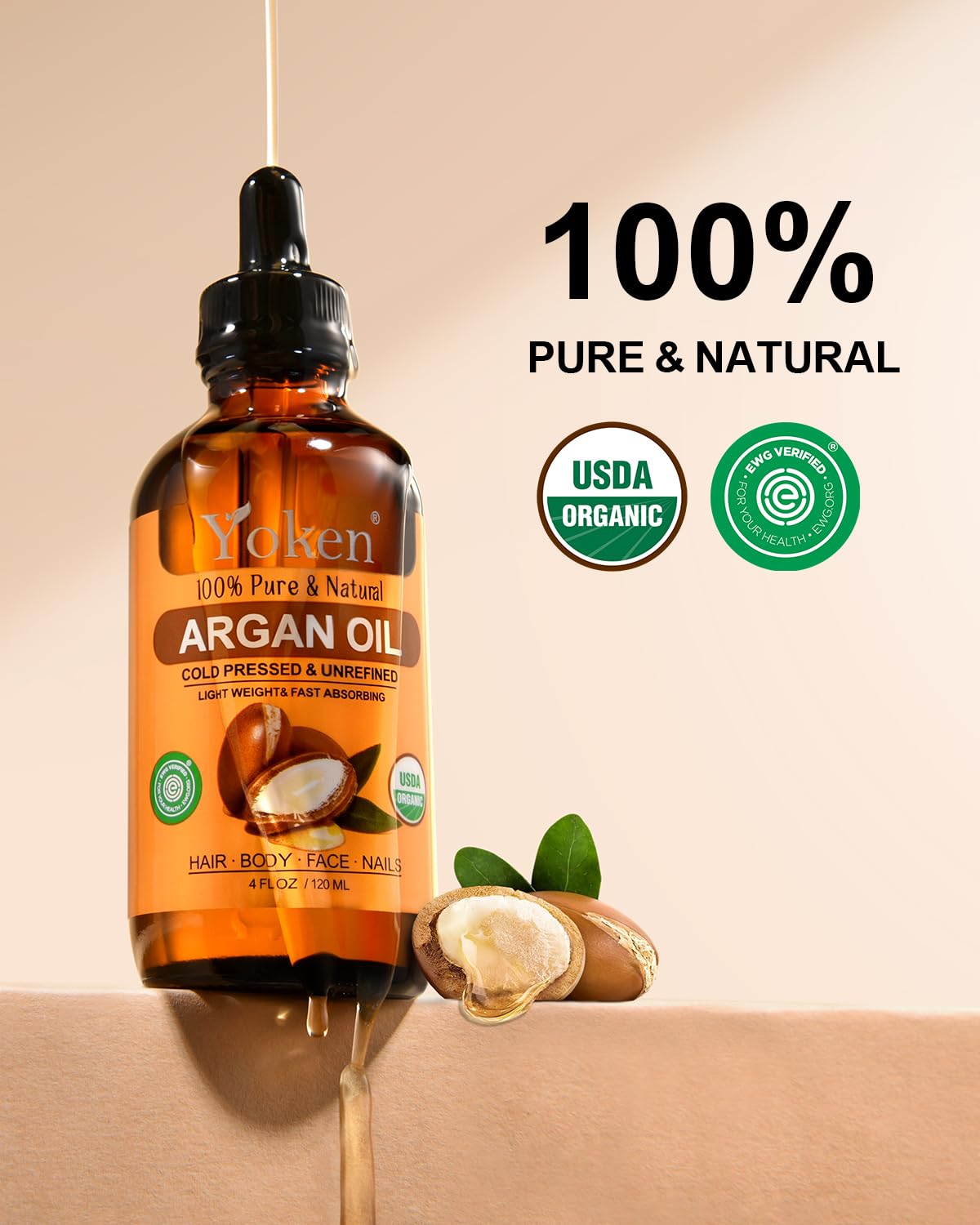 Yoken argan oil dropper dispensing oil highlighting controlled dosing benefit