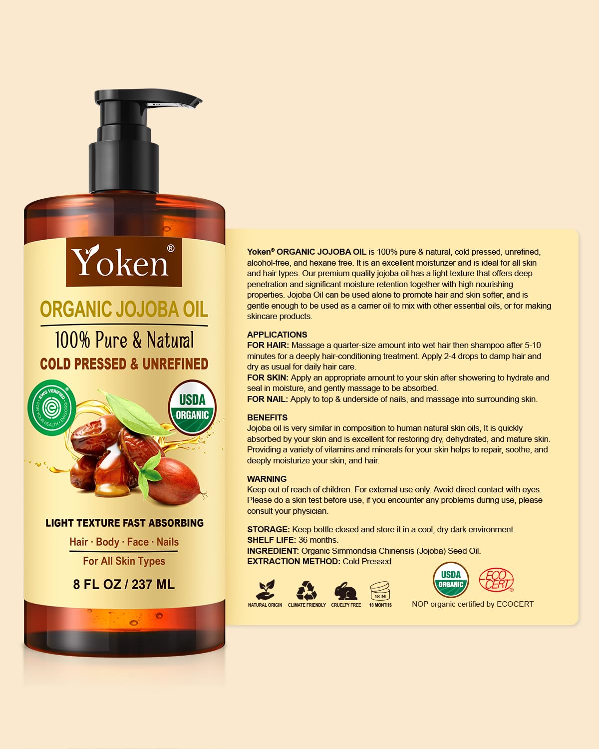 Yoken bottle staged with jojoba seeds conveying natural origin and purity