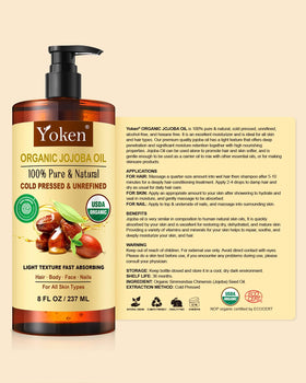 Yoken bottle staged with jojoba seeds conveying natural origin and purity