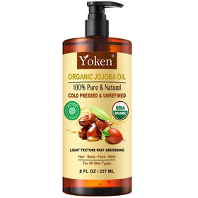 Yoken amber bottle front view showing organic packaging and pure oil benefit