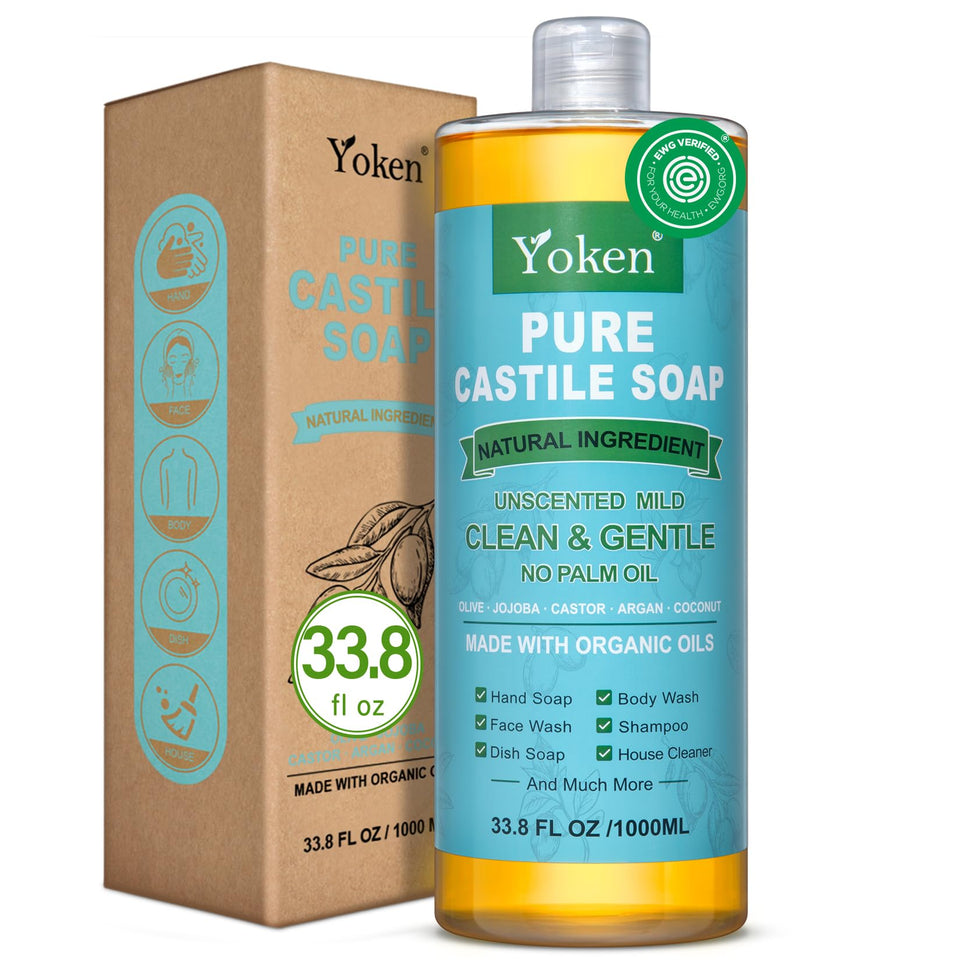 Yoken bottle front label showing 33.8 oz unscented castile soap and EWG verification benefit