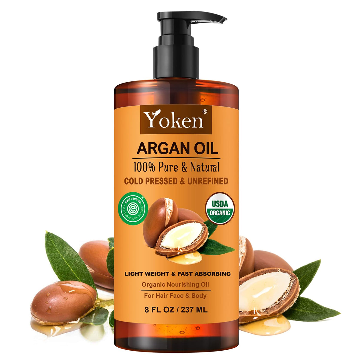 Yoken front packaging 8oz bottle showing pure argan oil benefits