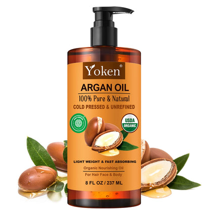 Yoken front packaging 8oz bottle showing pure argan oil benefits