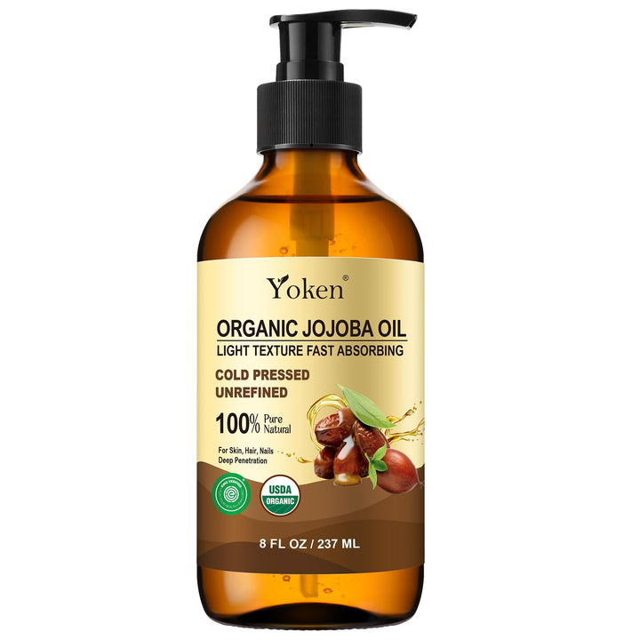 Yoken jojoba oil amber bottle front view shows organic packaging and purity benefit