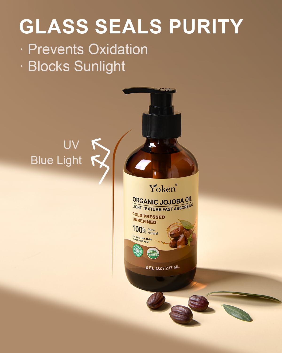 Yoken jojoba bottle in hand showing 8oz scale for clear size expectation