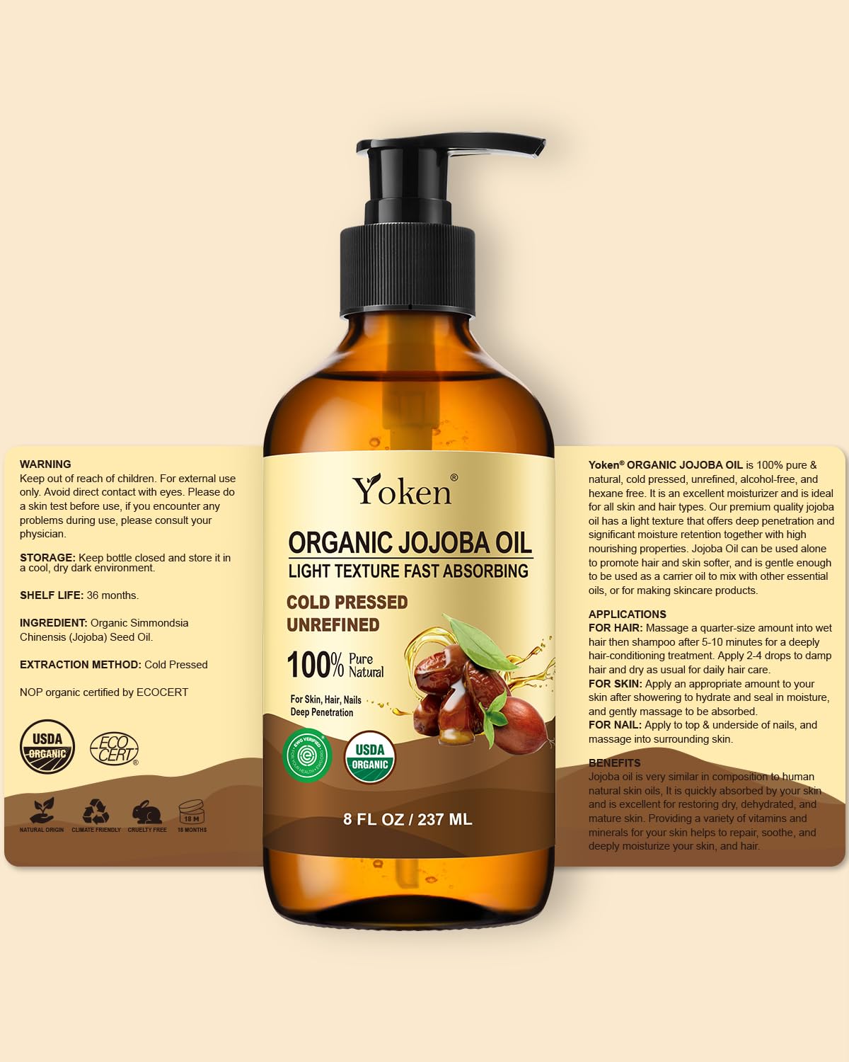 Yoken jojoba bottle on bathroom vanity lifestyle scene for everyday routine benefit