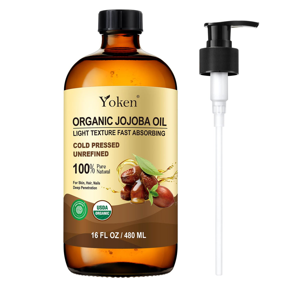 Yoken amber glass bottle front view shows premium organic jojoba oil packaging and protection