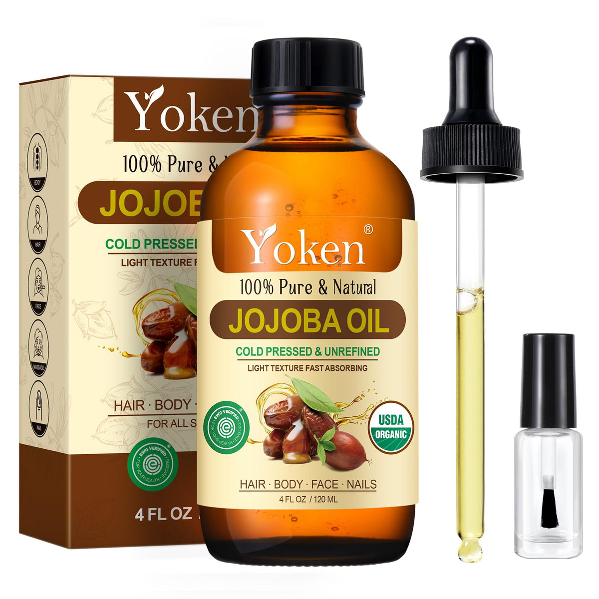 Yoken amber bottle front view showing pure jojoba oil for moisturizing skin