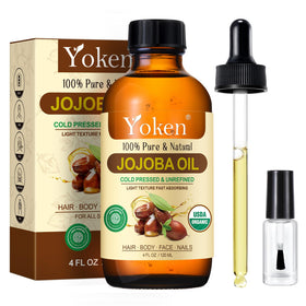 Yoken amber bottle front view showing pure jojoba oil for moisturizing skin
