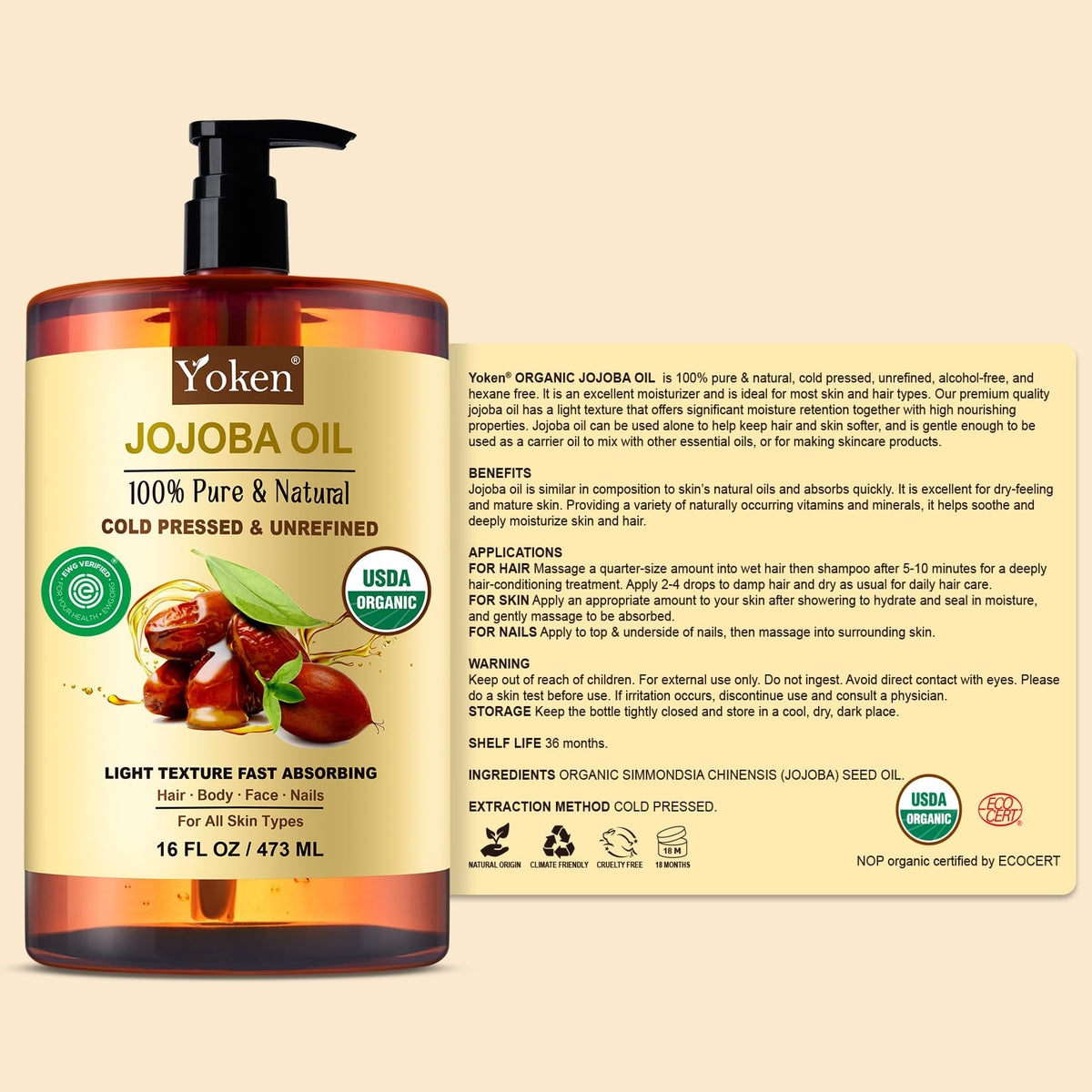 Label close-up showing Yoken USDA organic certification and purity