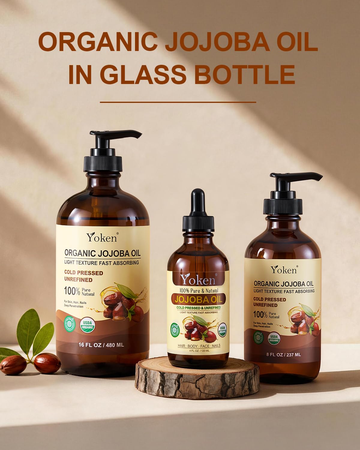Yoken label close-up showing cold-pressed, organic jojoba oil ingredients
