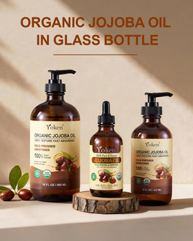 Yoken label close-up showing cold-pressed, organic jojoba oil ingredients