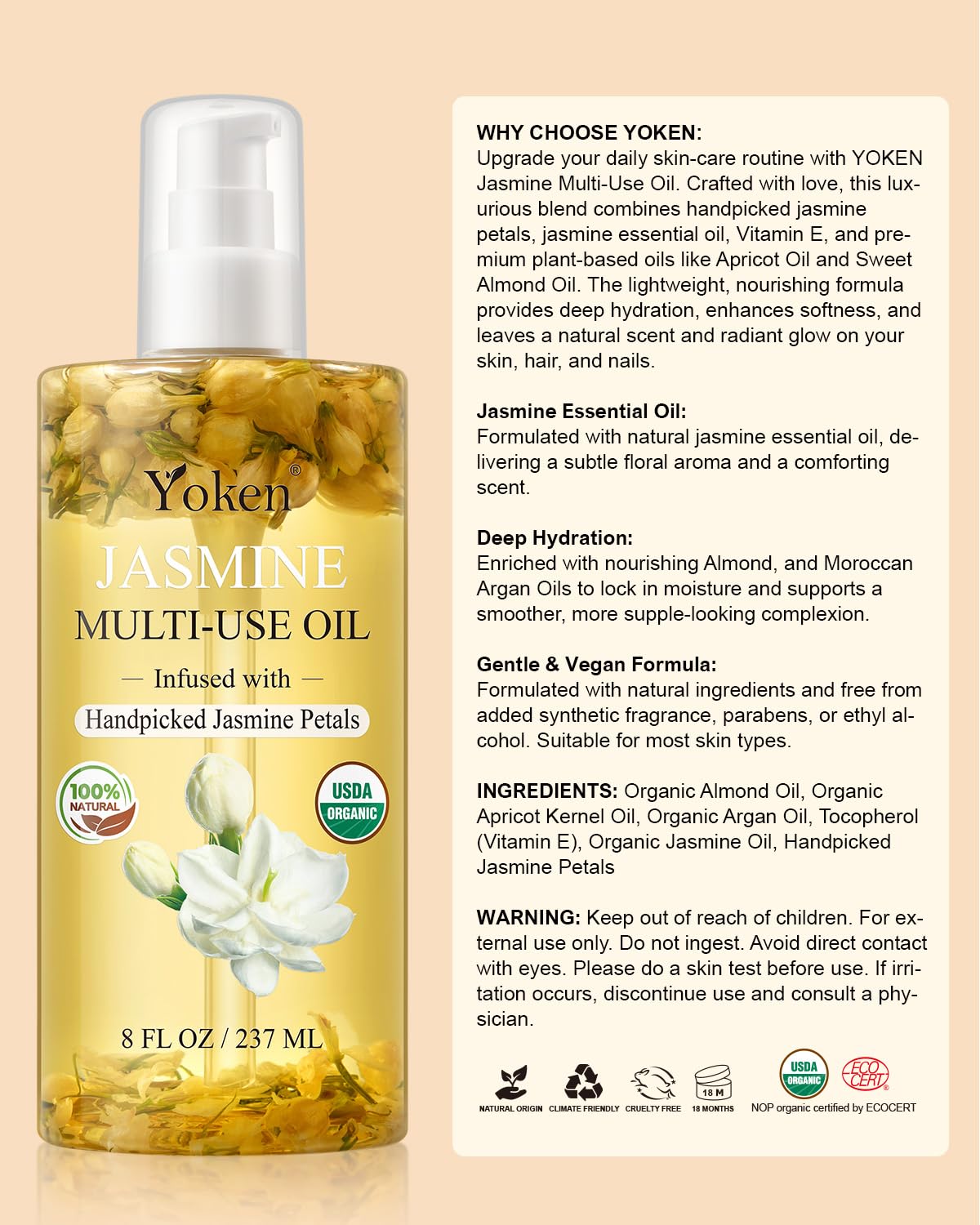 Yoken ingredient label detail showing jasmine, almond oil and vitamin E benefits