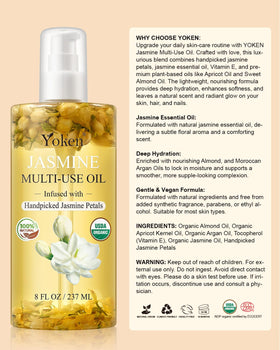 Yoken ingredient label detail showing jasmine, almond oil and vitamin E benefits