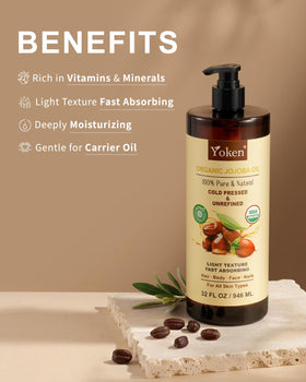 Yoken jojoba oil pouring from bottle showing fluid clarity and color