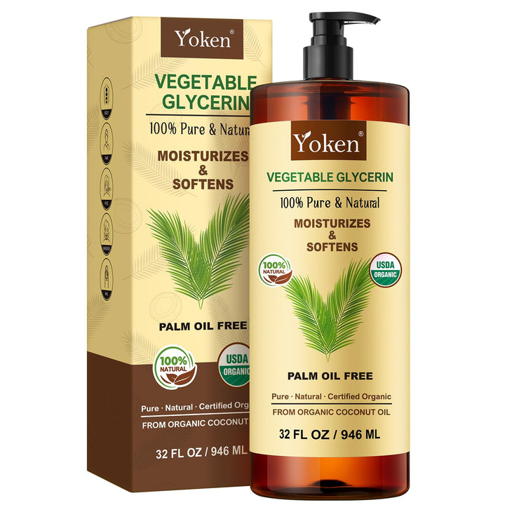 Yoken bottle front view showing organic glycerin and USDA seal, clear hydration benefit