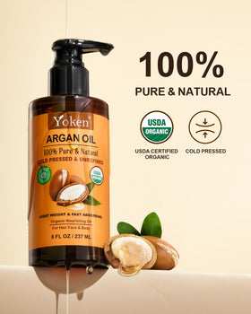 Yoken close-up pouring argan oil texture demonstrating smooth consistency