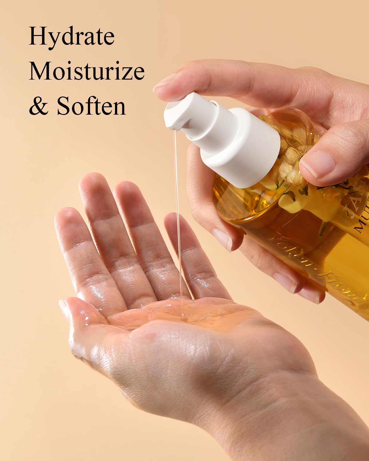 Yoken oil being poured to show lightweight texture and easy dispensing