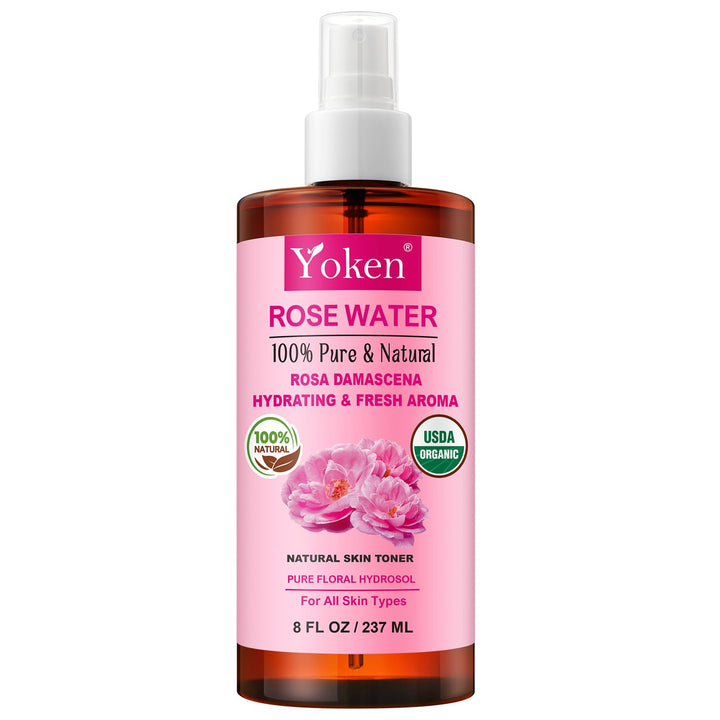 Yoken front packaging showing organic rose water bottle and label benefit