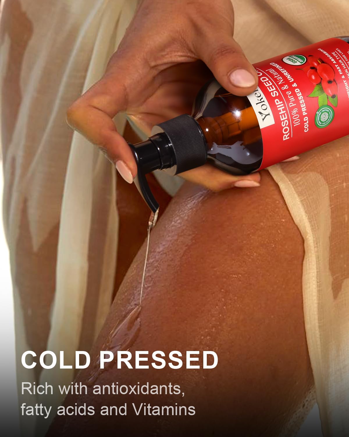 Yoken rosehip oil dropper pouring a drop demonstrating controlled application