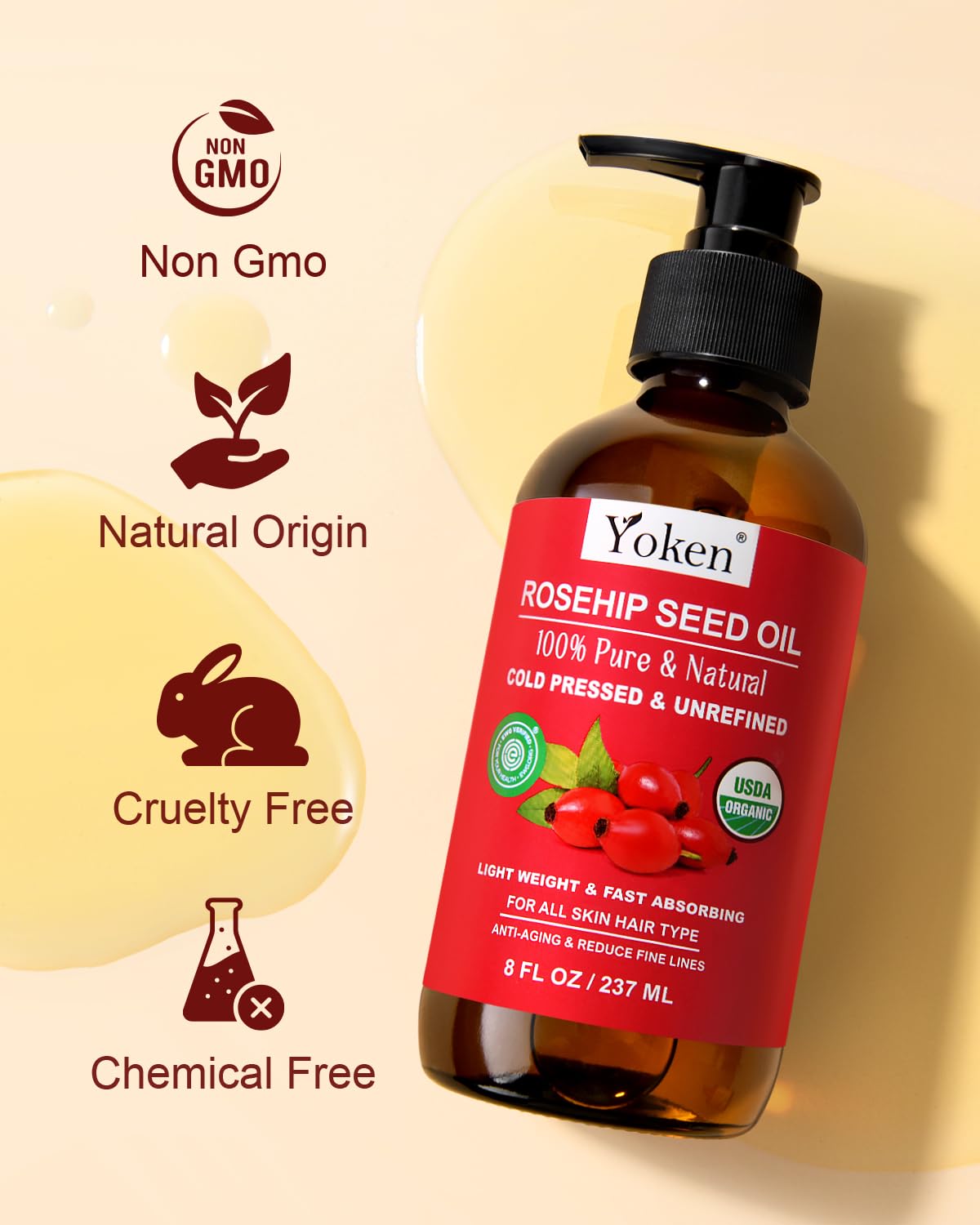 Yoken rosehip oil layered under moisturizer on face showing quick absorption