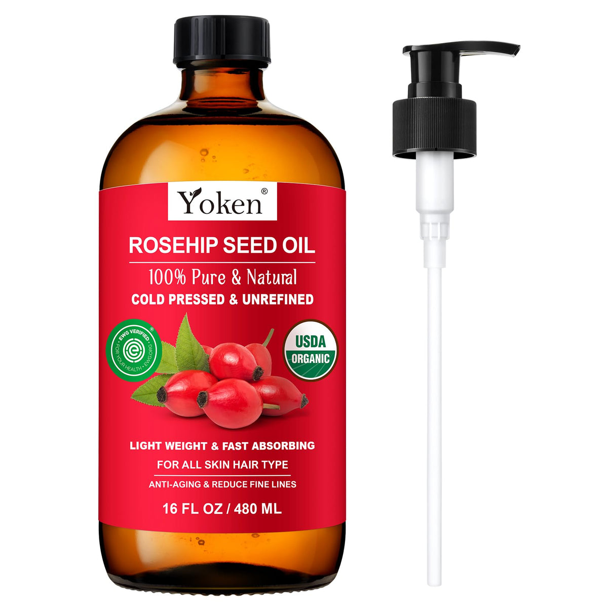 Yoken amber bottle front view showing pure rosehip oil and volume benefit