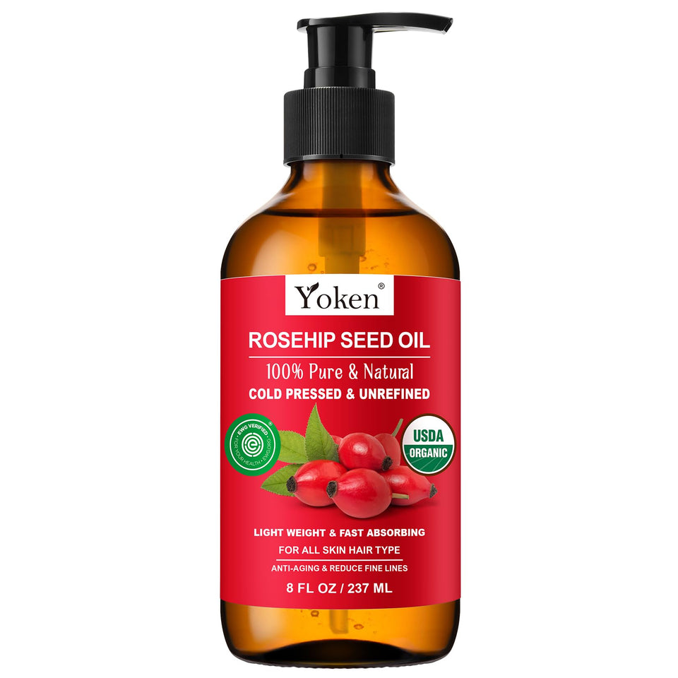 Yoken rosehip seed oil front bottle showing clean packaging and size benefits