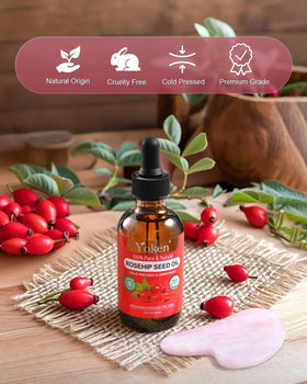 Yoken 2 fl oz rosehip oil bottle beside common object to show scale