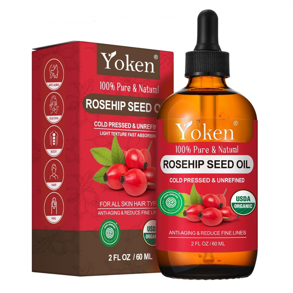 Yoken rosehip seed oil front bottle showing label and clean packaging benefit