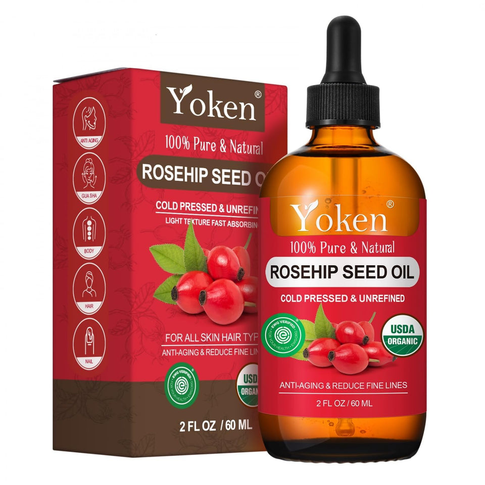 Yoken rosehip seed oil front bottle showing label and clean packaging benefit
