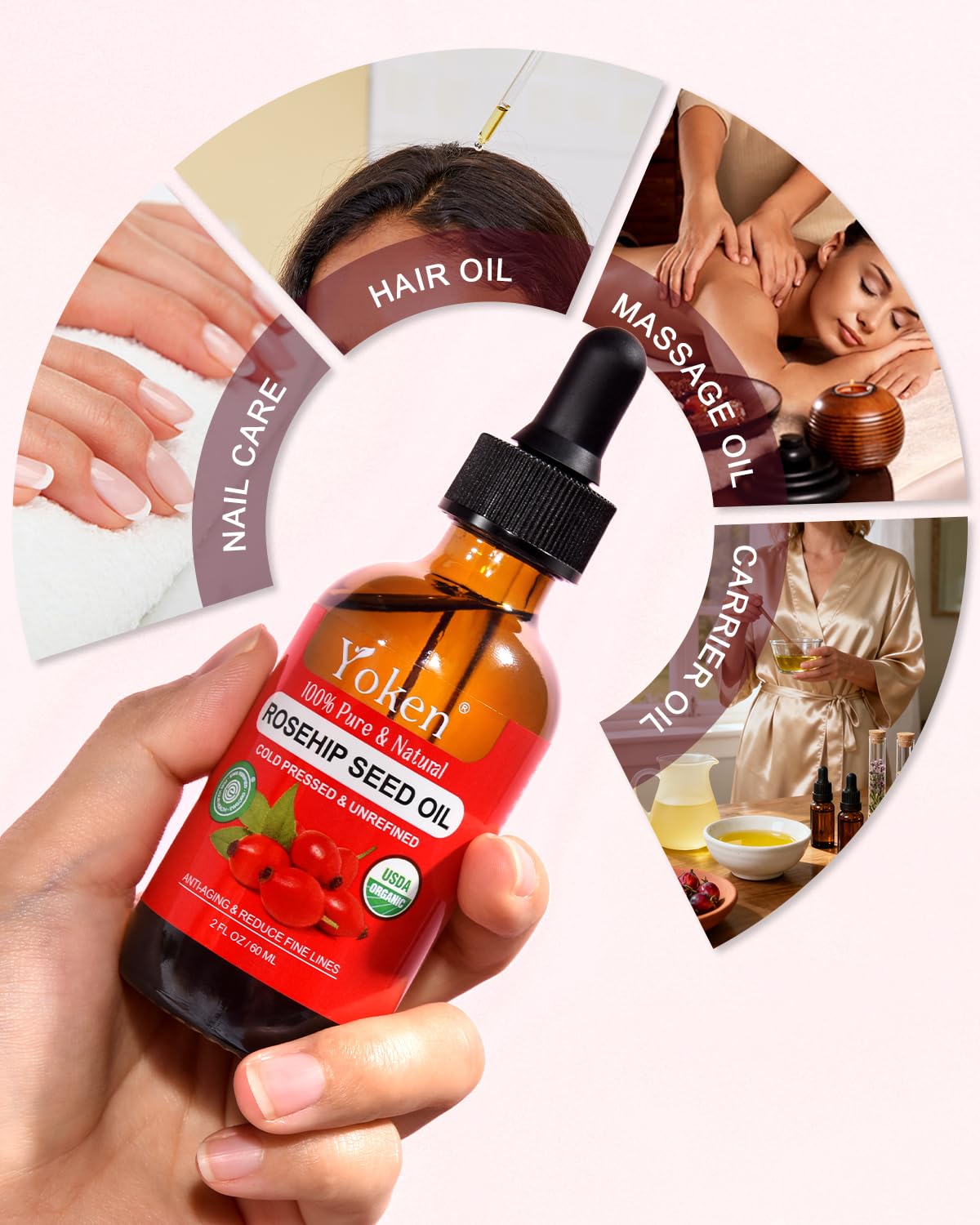 Yoken rosehip oil smoothing hair ends to reduce dryness and add shine