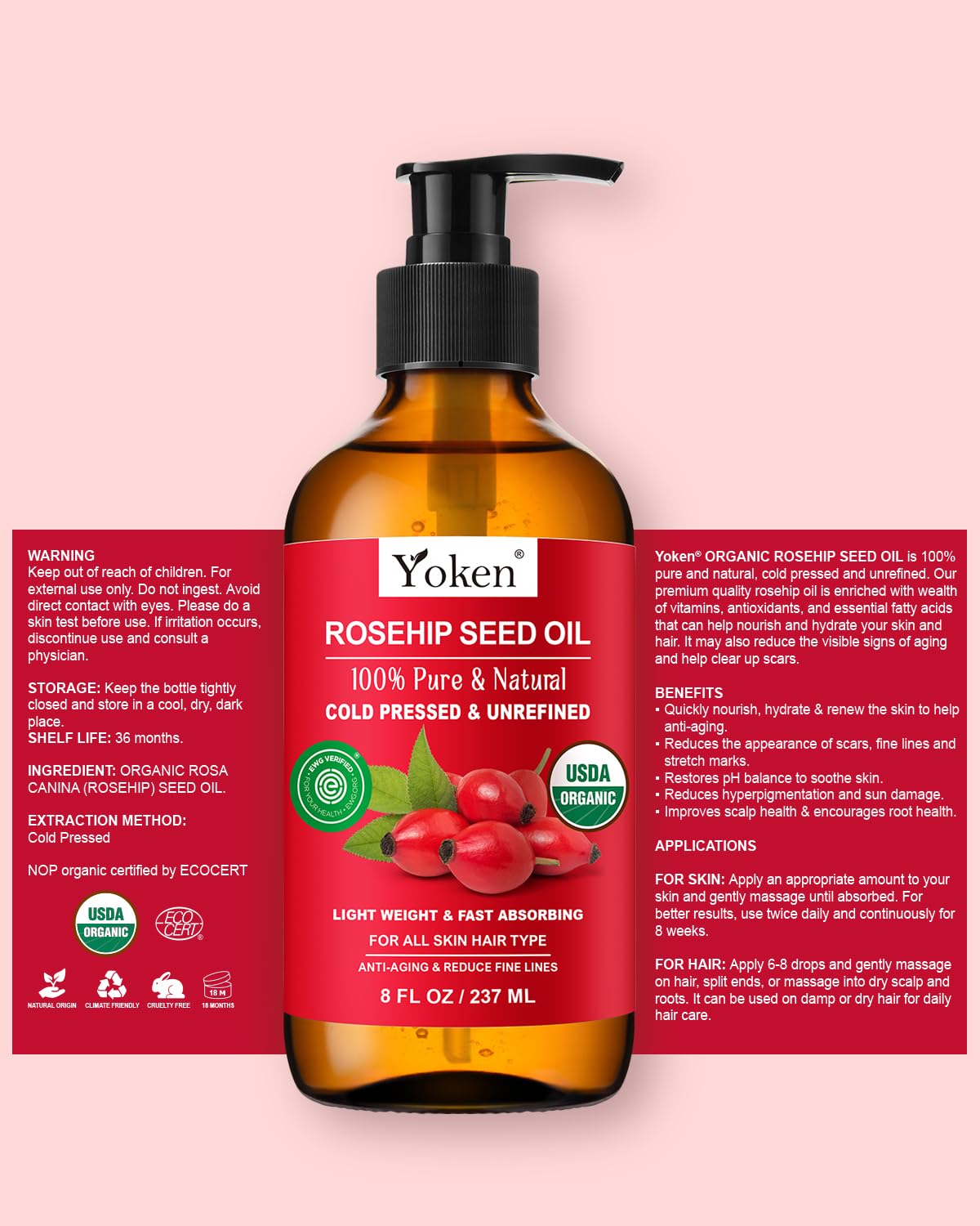 Yoken rosehip oil label detail highlighting organic cold-pressed quality