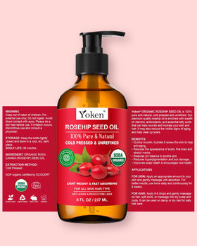 Yoken rosehip oil label detail highlighting organic cold-pressed quality